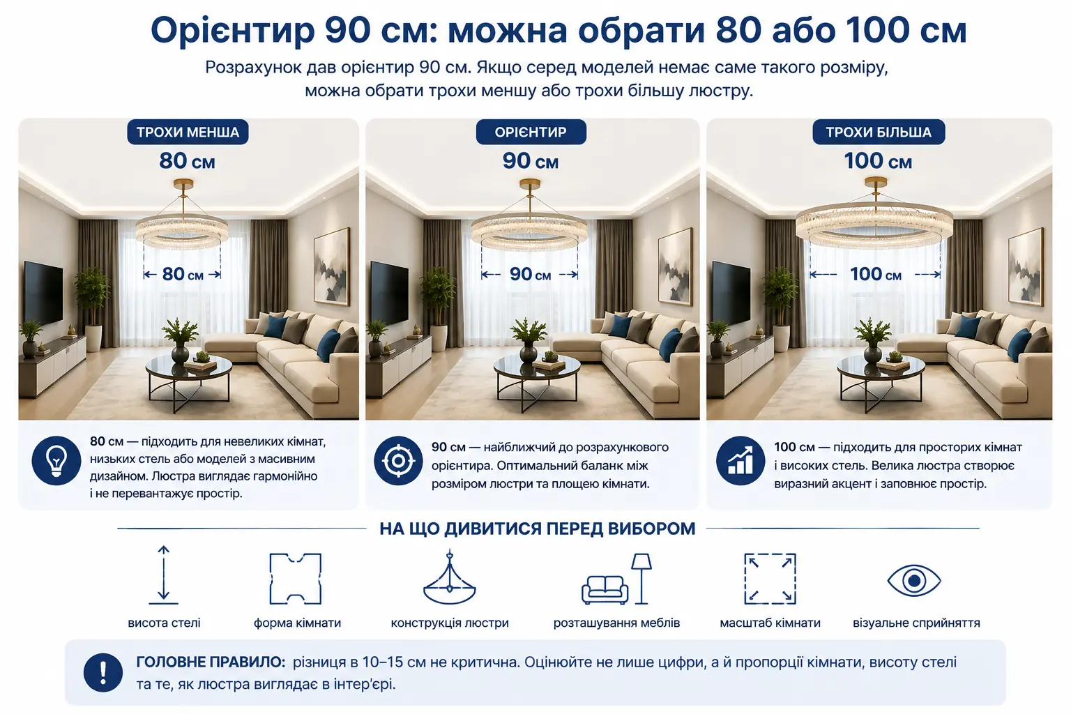 Орієнтир 90 см: як вибрати діаметр люстри 80 або 100 см Як вибрати діаметр люстри, якщо потрібний розмір відсутній — порівняння 80, 90 та 100 см
